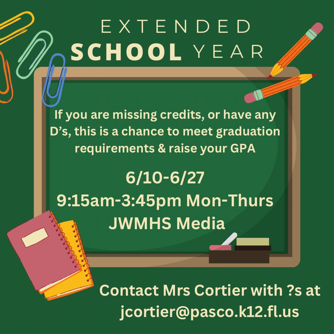 JWMHS_cortier's tweet image. Just a reminder that @JWMHS ESY starts Monday!!!  #GetBackOnTrack #RecoveryCredit