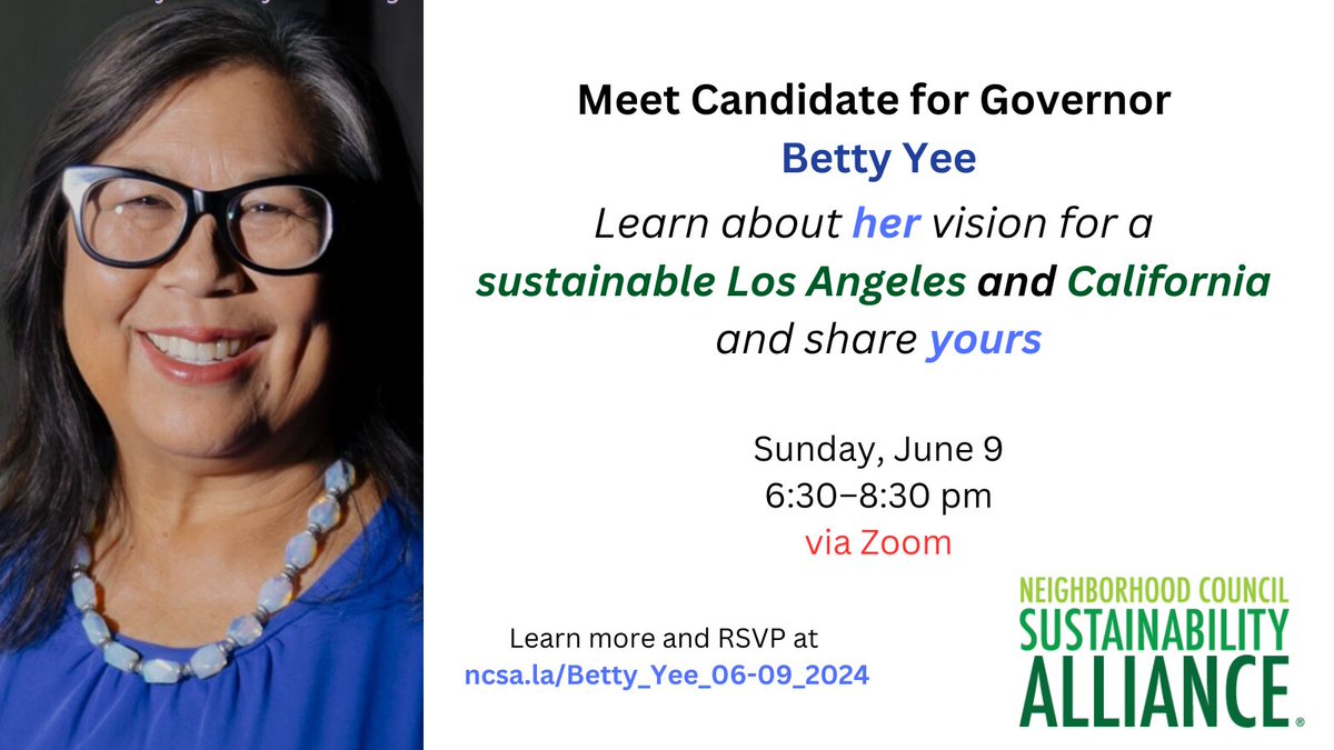 Join us this evening to talk sustainability with <a href="/CA_Dem/">California Democratic Party</a> Vice Chair <a href="/BettyYeeforCA/">Betty T. Yee</a>. Learn more and RSVP at ncsa.la/betty_yee_06-0…. #ElectrifyLA #StormwaterCapture #BiodiversityHotSpot #NoDrillingWhereWereLiving #StopTheGondola #ChooseHowYouMove