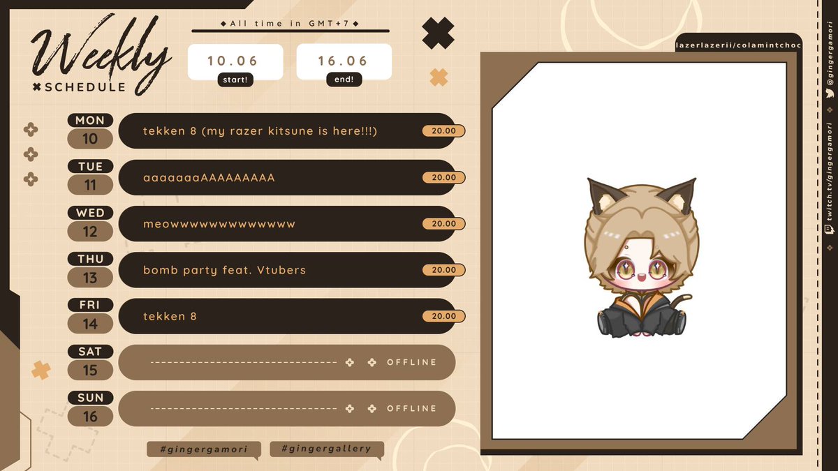 gingergamori's tweet photo. ✦Weekly schedule June 10 - 16✦                    
General: #gingergamori
Live: #gingergameri
Clip: #gingerGG
Art: #gingergallery
Food: #gingeroffering
Book: #gingeread
Fan name : me-o me-o https://t.co/yorwCbvgF9