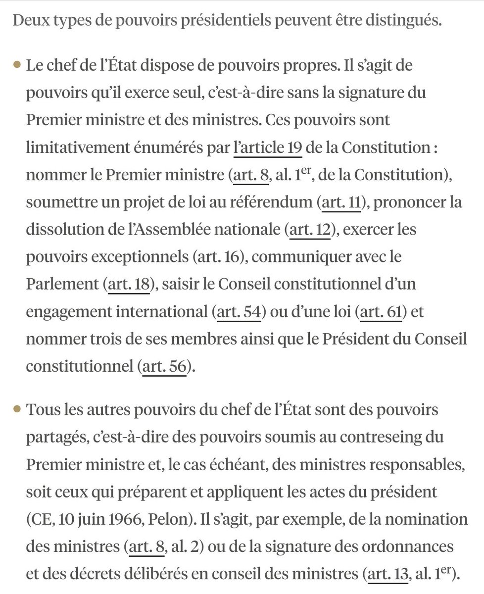 N_Hervieu's tweet photo. A ceux qui fantasment déjà sur l'idée que le Président en cohabitation serait un "rempart libéral" contre une nouvelle majorité, petit rappel :

- En droit, ces pouvoirs du Président sont très minces
- En fait, le poids politique d'une nouvelle majorité les stérilisent largement. https://t.co/u6Rl66uhhz