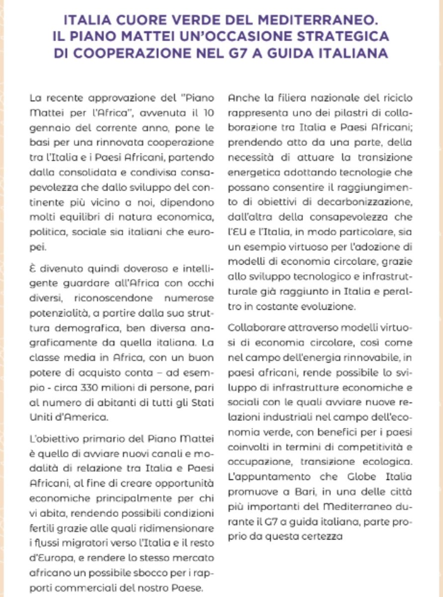 Venerdì 14 in occasione del Vertice <a href="/G7/">G7</a> in Puglia Globe 🇮🇹 promuove un appuntamento di alto livello con i campioni del riciclo e dell'energia per costruire "ponti di sostenibilità" tra le due sponde del #Mediterraneo. #pianoMattei