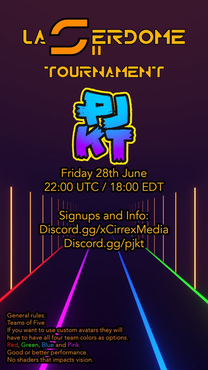 PJKT_COM's tweet photo. 📢Yooo!!! We are opening the Fest w/@xCirrex's Laserdome II tournament!! 🎉🏆
You got what it takes to dominate the competition!?
Hold your blaster with both hands & Signup bellow!!!
#VRChat #VRChat_Event https://t.co/6Z72T6txTE