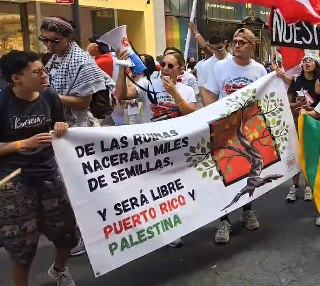 KayHusky29's tweet photo. Taken from a livestream of the Puerto Rican day parade, we stand beside Palestine 
🇵🇷🤝🇵🇸 https://t.co/VNKQQwZ6dg