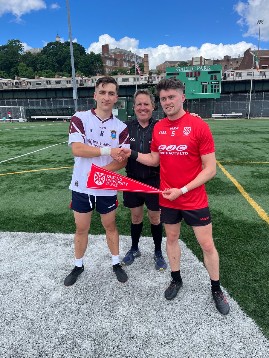 QueensGAA's tweet photo. The captains of Queen’s and New York before today’s game. @NewYorkGAA https://t.co/ljkOlTAB2o