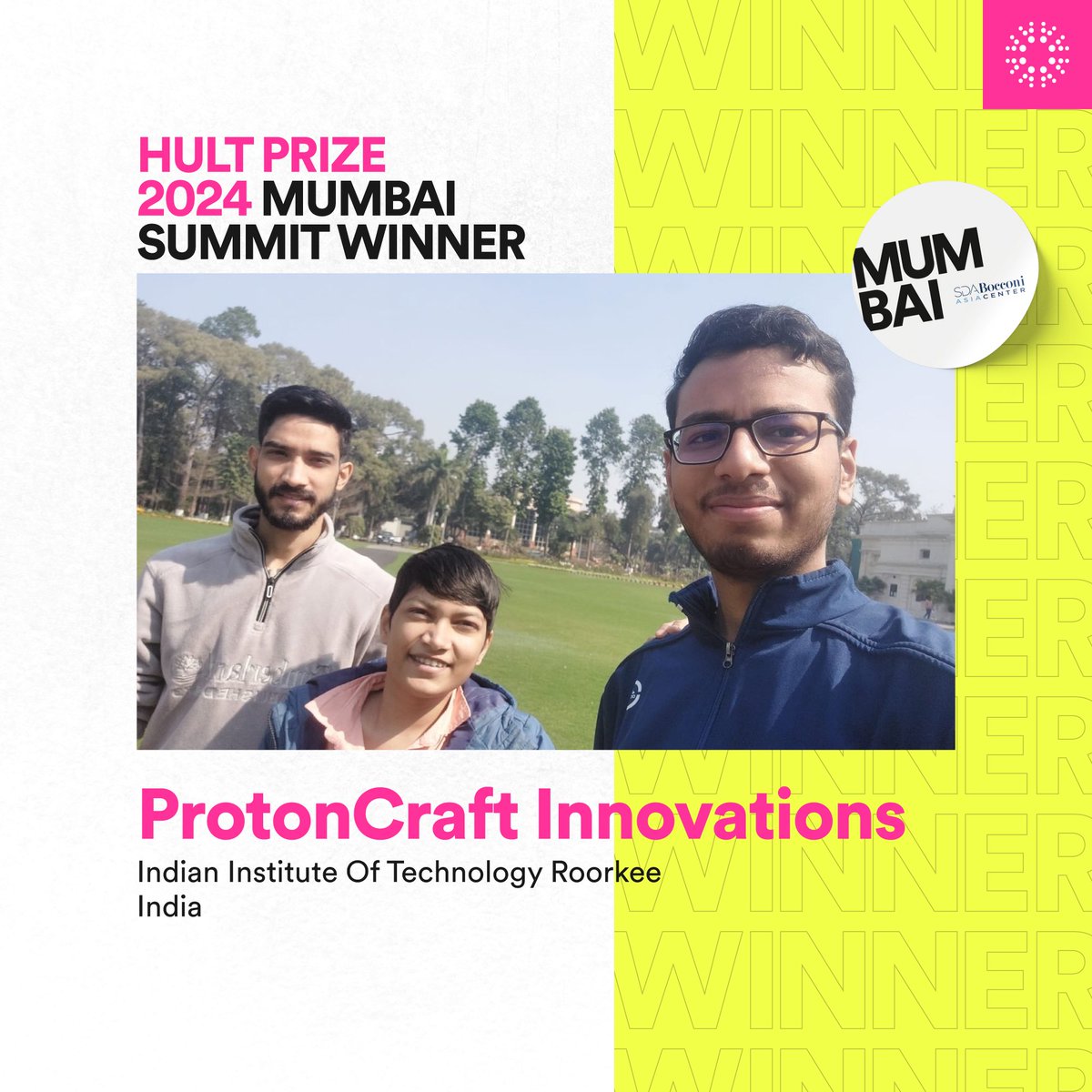 We have our first Summit winner! 🥁🥁

Congratulations to: ProtonCraft Innovations, from the Indian Institute of Technology Roorkee in Roorkee, India. 

We are immensely happy to have you as part of the Global Accelerator in London! 🇬🇧👏🏼