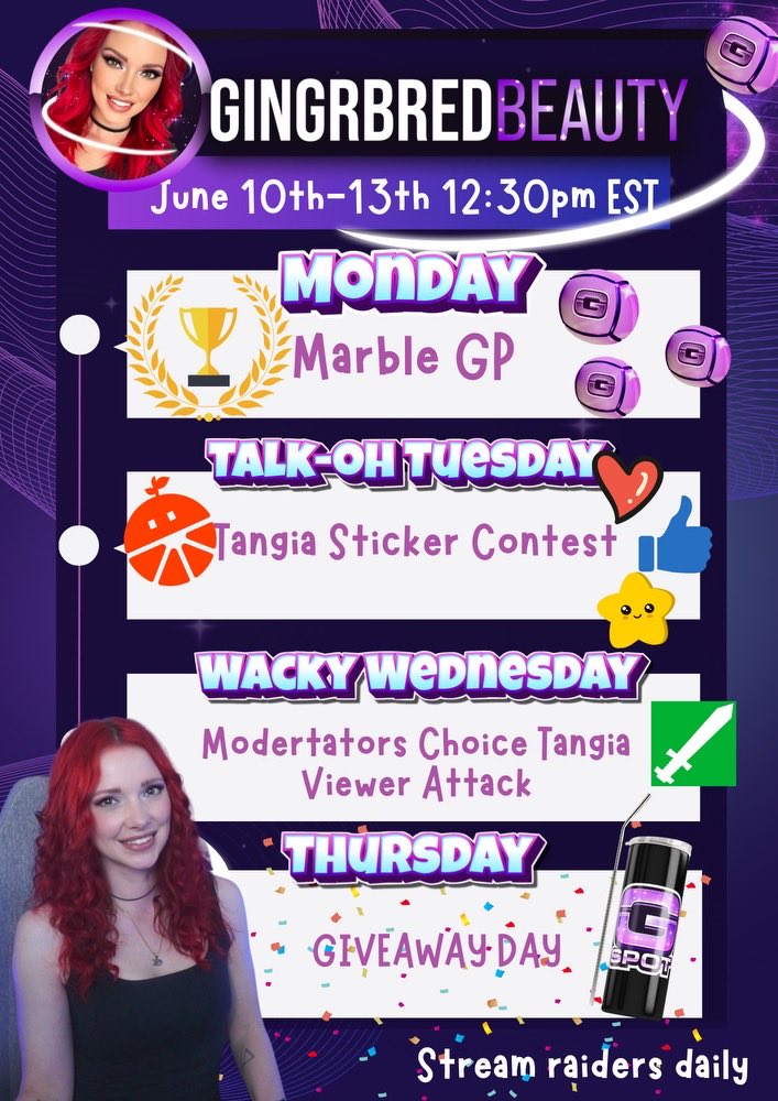 bbibb123's tweet photo. Schedule for the upcoming stream week at the G-Spot. We are starting strong tomorrow with the crowd favorite Marbles GP and it is uphill from there. We have our #Tangia fun and even the weekly Thursday #giveaway. Please join the fun starting tomorrow at 12:30pm EDT. 😜😜 https://t.co/rlhNSbmPEQ