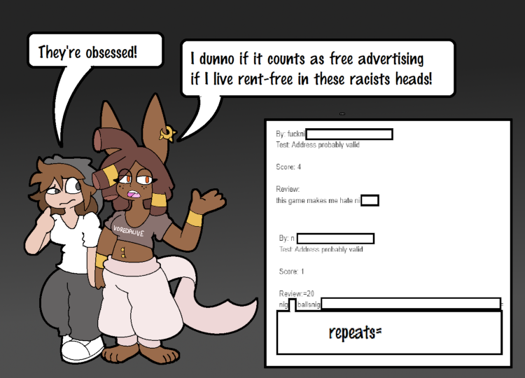 Symbolaga's tweet photo. When I made my website mascot black I didn't think much of it. (Other than its weird how few mascots are not white when you think about it.) Turns out I get like, weird second-hand racism in some spam-reviews. By and large they're rare though. Just weird that it happens lol. https://t.co/OvyzM5NMPi