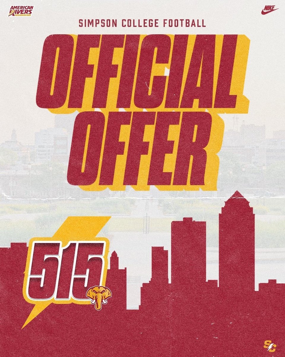After a great talk with <a href="/ReedHoskins/">Reed Hoskins</a> I’m excited to receive an offer from <a href="/scstormfootball/">Simpson Football ⚡️</a> !! <a href="/WaukeeFB/">Waukee Warriors Football</a> <a href="/CoachBakker/">Gabe Bakker</a> <a href="/coach_strube/">Drew Strube</a> <a href="/D1Apex/">D1 Football Apex Academy</a>