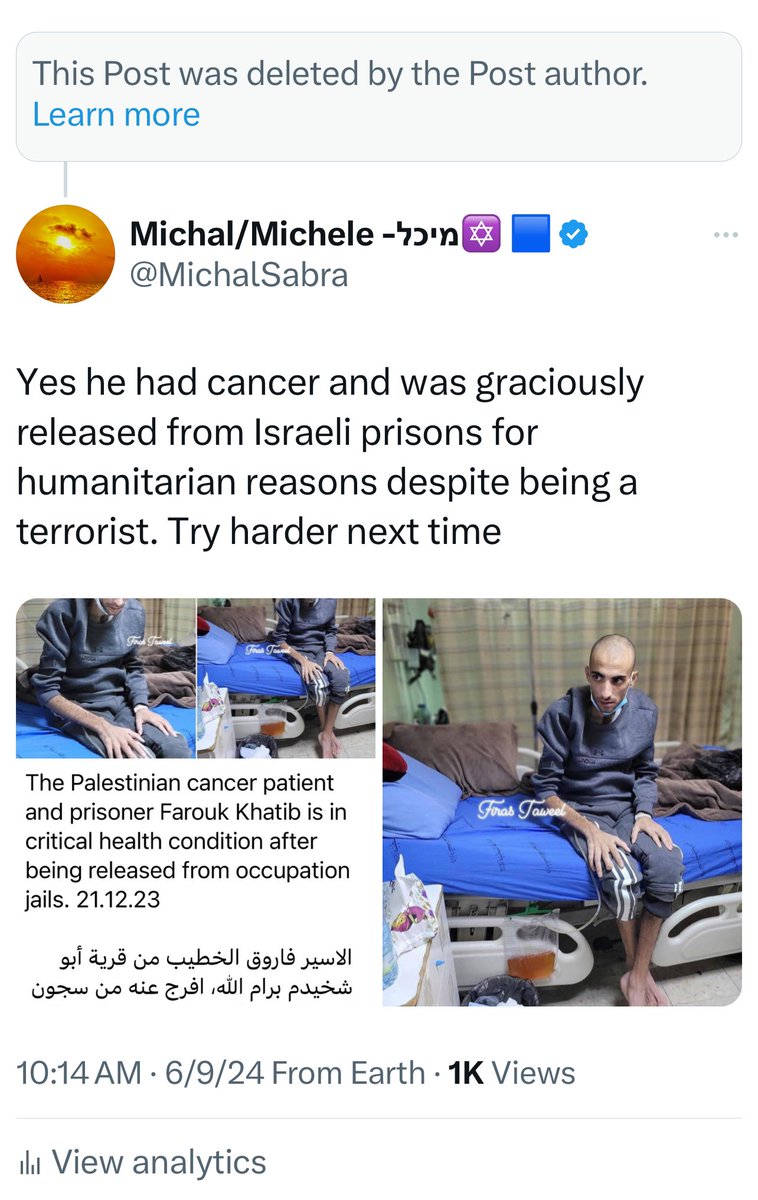 MichalSabra's tweet photo. Instead of apologizing @RyanRozbiani deleted his tweet comparing a Palestinian cancer patient released for humanitarian reasons to an Israeli hostage held captive by a wealthy Palestinian family. These are the monsters we’re dealing with. https://t.co/uBxQyusbGW