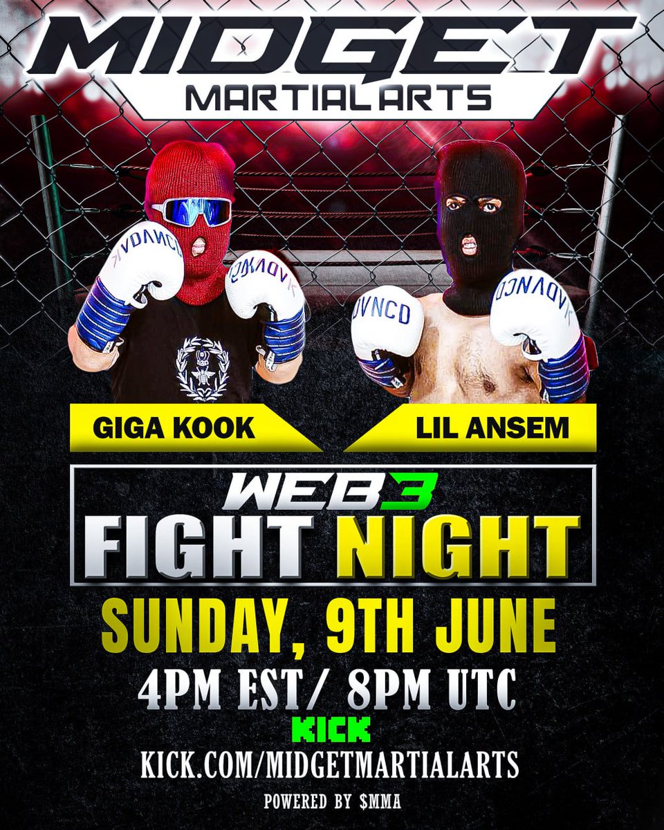 mmasolana's tweet photo. MIDGET MARTIAL ARTS FIGHT #1 IS HEATING UP 🔥 

 GIGA KOOK IS TAKING ON LIL ANSEM TONIGHT!   

WHO'S YOUR PICK? @KookCapitalLLC @blknoiz06 👀 https://t.co/fnI4lAmwR9