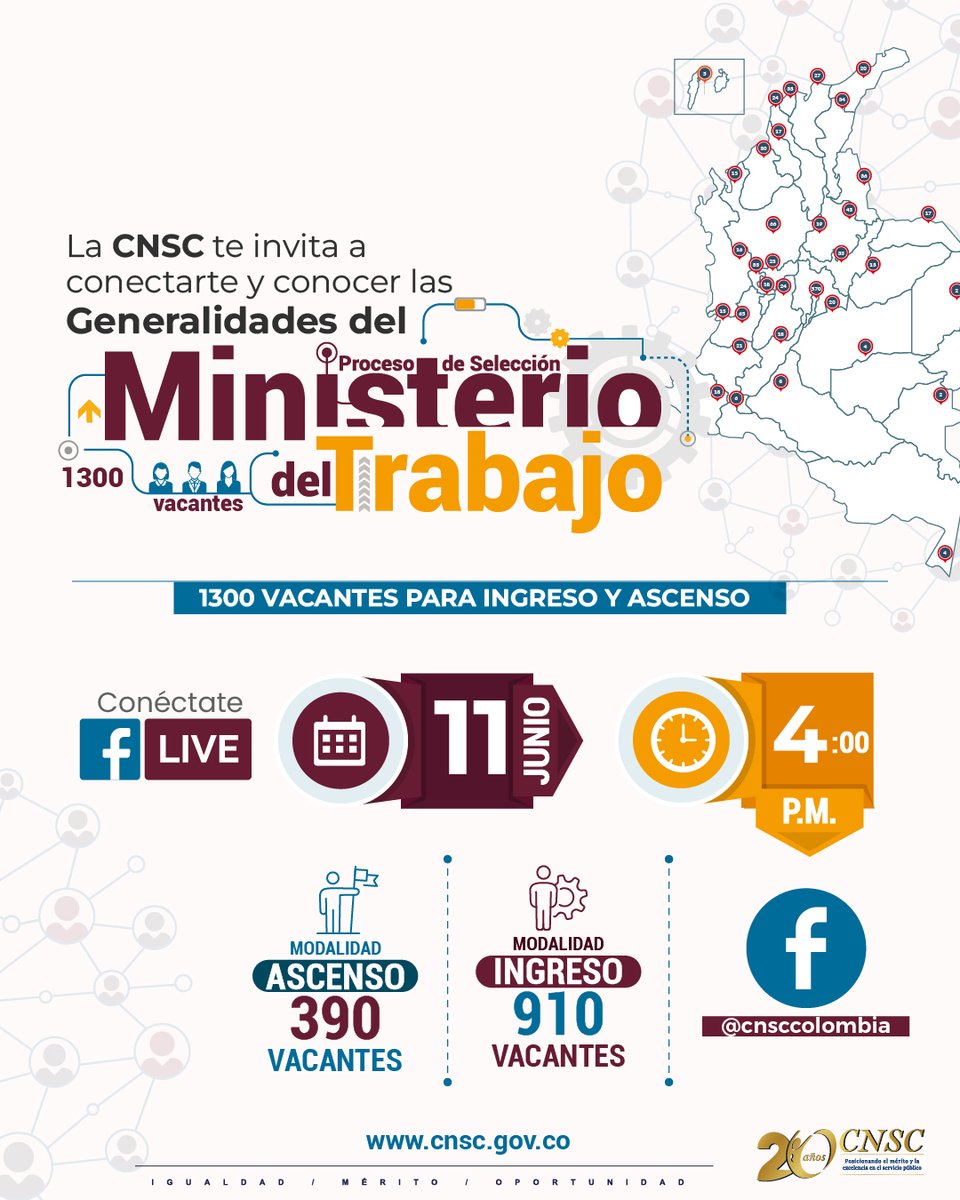 CNSCColombia's tweet photo. 🔔 Te invitamos el próximo martes 11 de junio, a partir de las 4:00 P.M, a nuestro #FacebookLiveCNSC para resolver dudas y preguntas sobre el #ProcesoSelecciónCNSC Ministerio del Trabajo, el cual oferta 1.300 vacantes para ascender e ingresar a @MintrabajoCol. https://t.co/vct3QpyTGL