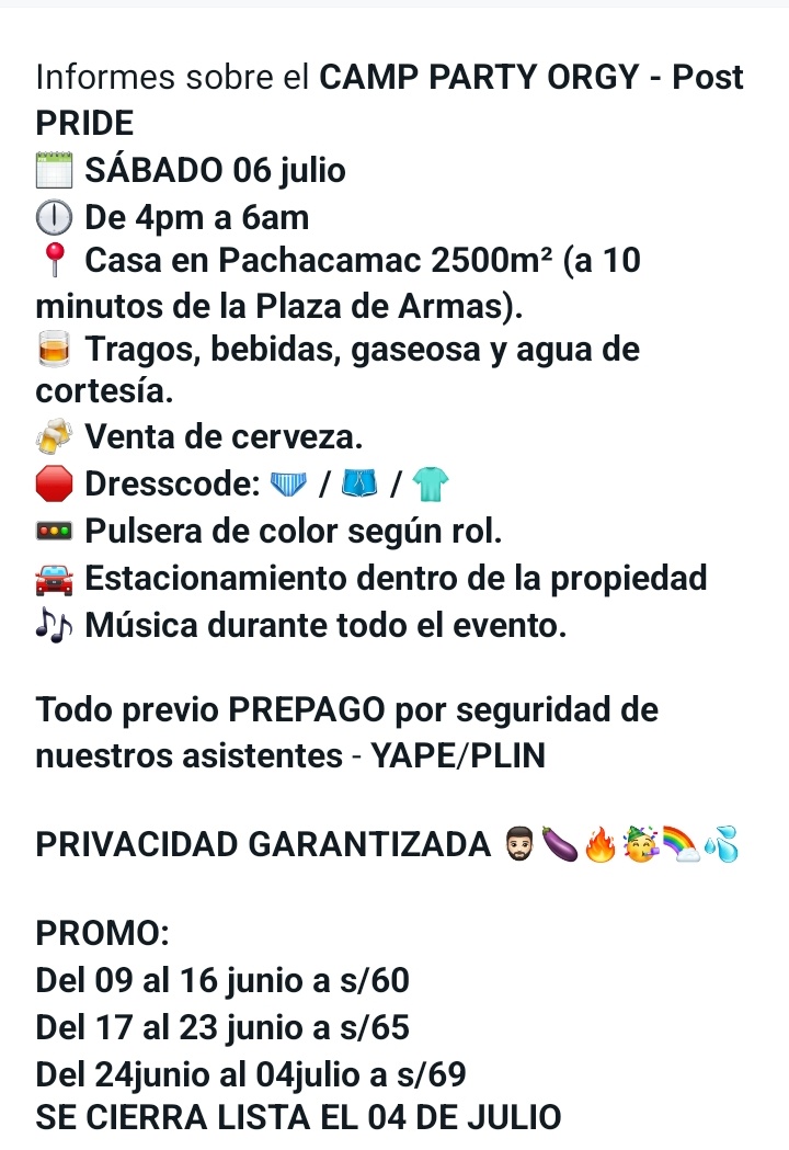 LatinViciousPe's tweet photo. EMPEZAMOS CON LA PREVENTA HOY 09 HASTA EL DOMINGO 16 A SOLO S/60

*CAMP PARTY POST PRIDE* 🌈🎉🎧🔥🍻😈💦 ESTE 06 DE JULIO DE 4PM A 6AM EN CASA PRIVADA DE PACHACAMAC
🥃Tragos de cortesía
🍻Venta de cerveza y piqueos

🎟️TODA INFO AL INTERNO PARA MEDIOS DE PAGO

🏷️CUPOS LIMITADOS! https://t.co/K0xKepV57w