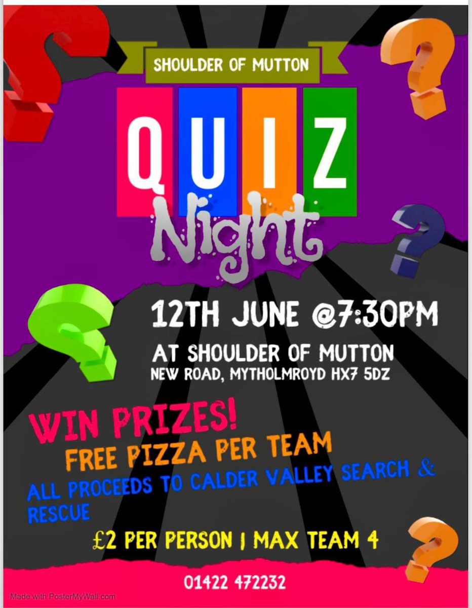 #QuizNight
June's quiz night, hosted by the Shoulder of Mutton, Mytholmroyd, is on Wednesday, June 12th at 19:30.

It’s £2 per person to enter, with teams having a maximum of 4 people. Each team will get a free pizza, and all proceeds will go to <a href="/CalderValleySRT/">Calder Valley SRT</a>.

Happy quizzing!