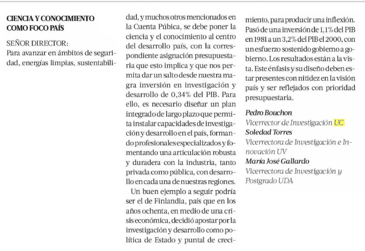 InvestigacionUC's tweet photo. "Se debe poner la #Ciencia y el conocimiento al centro del desarrollo país🇨🇱 con la correspondiente asignación presupuestaria", publica @latercera opinión de vicerrectores/ras de #INVESTIGACIÓN de @ucatolica @uvalpochile y @UAtacama, @pedrobouchon, Soledad Torres y MJ Gallardo. https://t.co/F0cE42kgSk