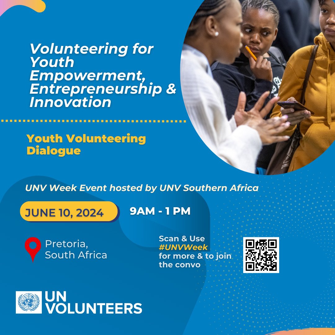 UNV_SA's tweet photo. How can I become a UN Volunteer? What do @UNVolunteers do? Do they receive stipends? Can volunteering enable youth empowerment?

We are excited to host the South Africa Youth Volunteering Dialogue as part of  #UNVWeek, #YouthMonth event series. Use #UNVWeek to join the convo. https://t.co/Ruyhz5y8RF