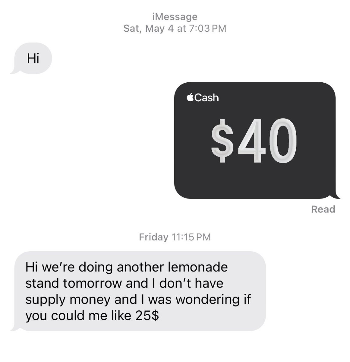 GuyTalksFinance's tweet photo. A month ago I gave these kids $40 for doing a lemonade stand.

This is what he texted me the other day 😂

Should I send him more money? https://t.co/y2zmkCZAZI
