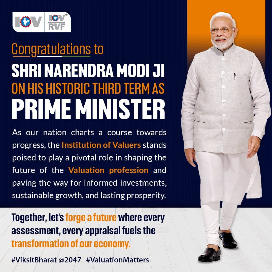 IOVvaluation's tweet photo. Congratulations to Shri Narendra Modi Ji on his historic win, leading to his third consecutive term as #PrimeMinister, heralding a new chapter of progress and prosperity for #India 🇮🇳 

#institutionofvaluers #valuationmatters   #ModiCabinet #OathCeremony #नरेंद्रमोदीजी https://t.co/hwYbIDY9GD