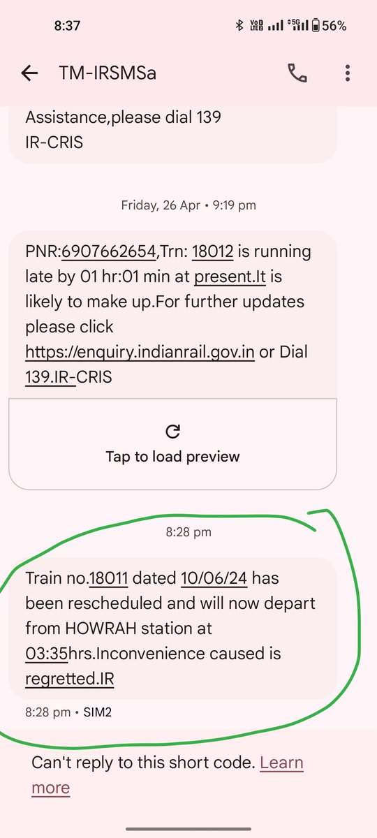 aritra_munsi's tweet photo. @RailMadad I have train18011 from Hwh 00:05 on 10/06/2024 pnr 6137034642. Got two different type of reschedule information one on sms from @RailMinIndia another in social media @serailwaykol Train has no usual stop in santra gachi so from which station and time I board the train https://t.co/j24etfynJp