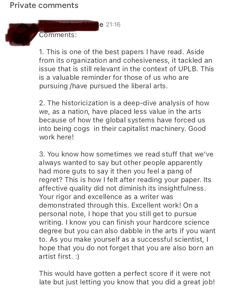 “As you make yourself as a successful scientist, I hope that you do not forget that you are also born an artist first. :)”

crying reading our prof’s comments on my final paper🥲🥲🥲🥲🥲🥲 my brain chemistry is altered forever