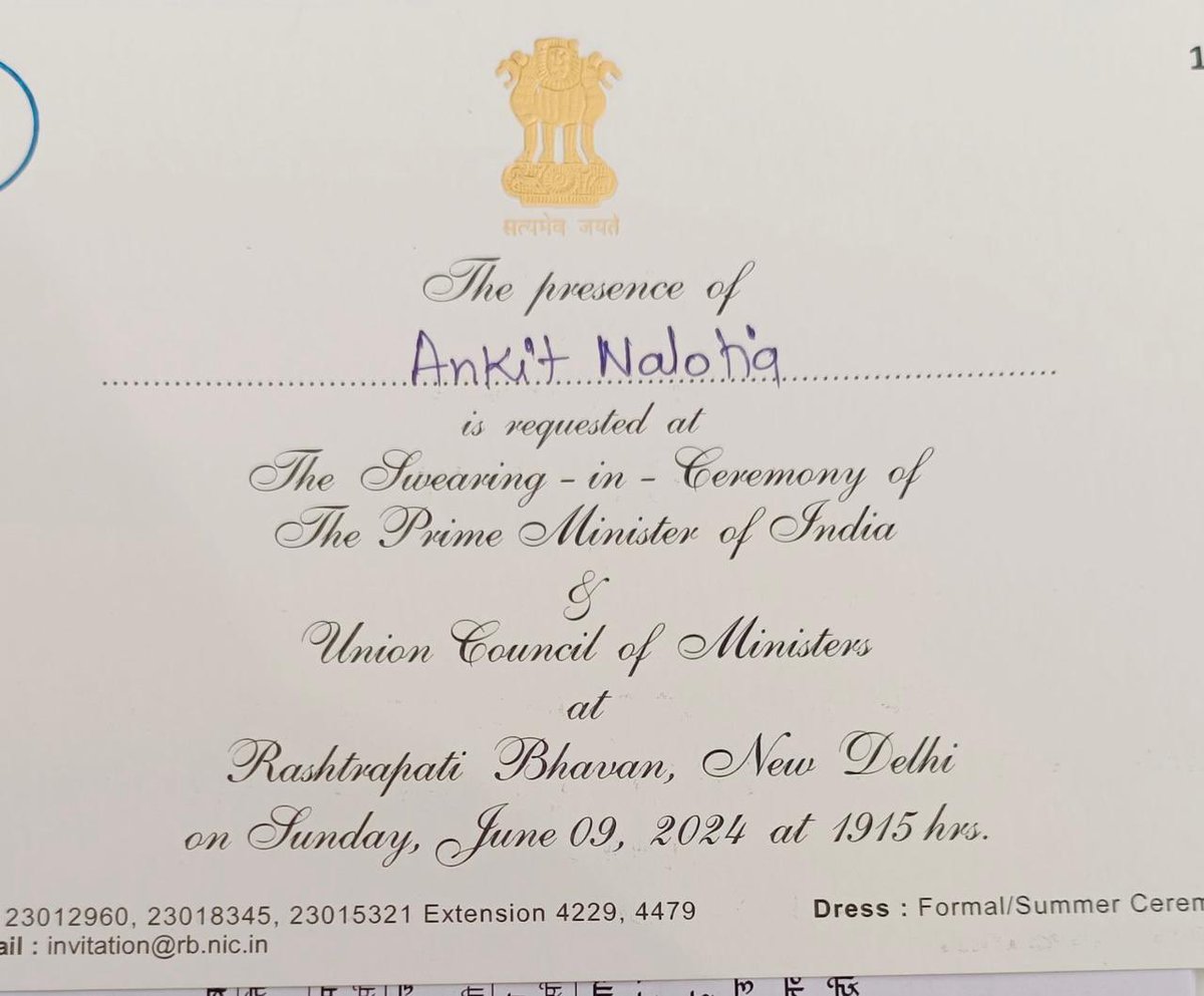 AnkitNalotia's tweet photo. Honored to witness our Prime Minister @narendramodi ji’s historic third swearing-in at @rashtrapatibhvn
Hearing "Main Narendra Damodardas Modi..." live gave me goosebumps!
A momentous occasion for Bharat! 🇮🇳
#ModiHattrick #HarDilMainModi https://t.co/LaZI8rmG2k