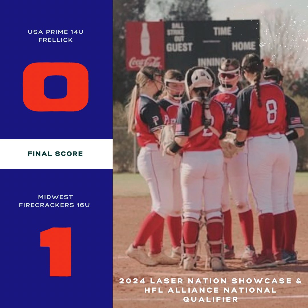 14U Frellick ended their <a href="/LaserShowcase/">Laser Nation Showcase</a>  run after losing a pitching duel 1-0 to the Midwest Firecrackers 16U. 

2026 <a href="/MadisonMackie26/">Madison Mackie #13</a> gave up 6 hits and 1 run in 5 innings of play. 

2028 <a href="/ryleemiller2028/">Rylee Miller</a>  went 2-3 with a triple, a single, and a stolen base.
