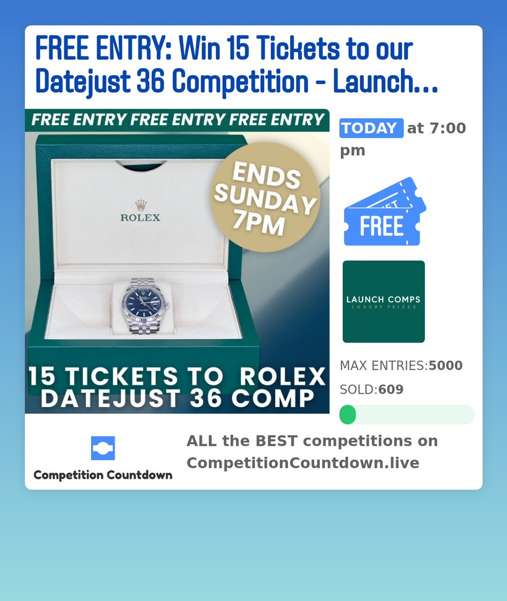 CompetitionCou1's tweet image. Check out this competition on competitioncountdown.live ! 
FREE ENTRY: Win 15 Tickets to our Datejust 36 Competition - Launch Comps
 Competition Countdown does not run any competitions, we just show you all the best one is one place! 🔥🔥 WOW 👀 
 
 #free #wintickets #minid...