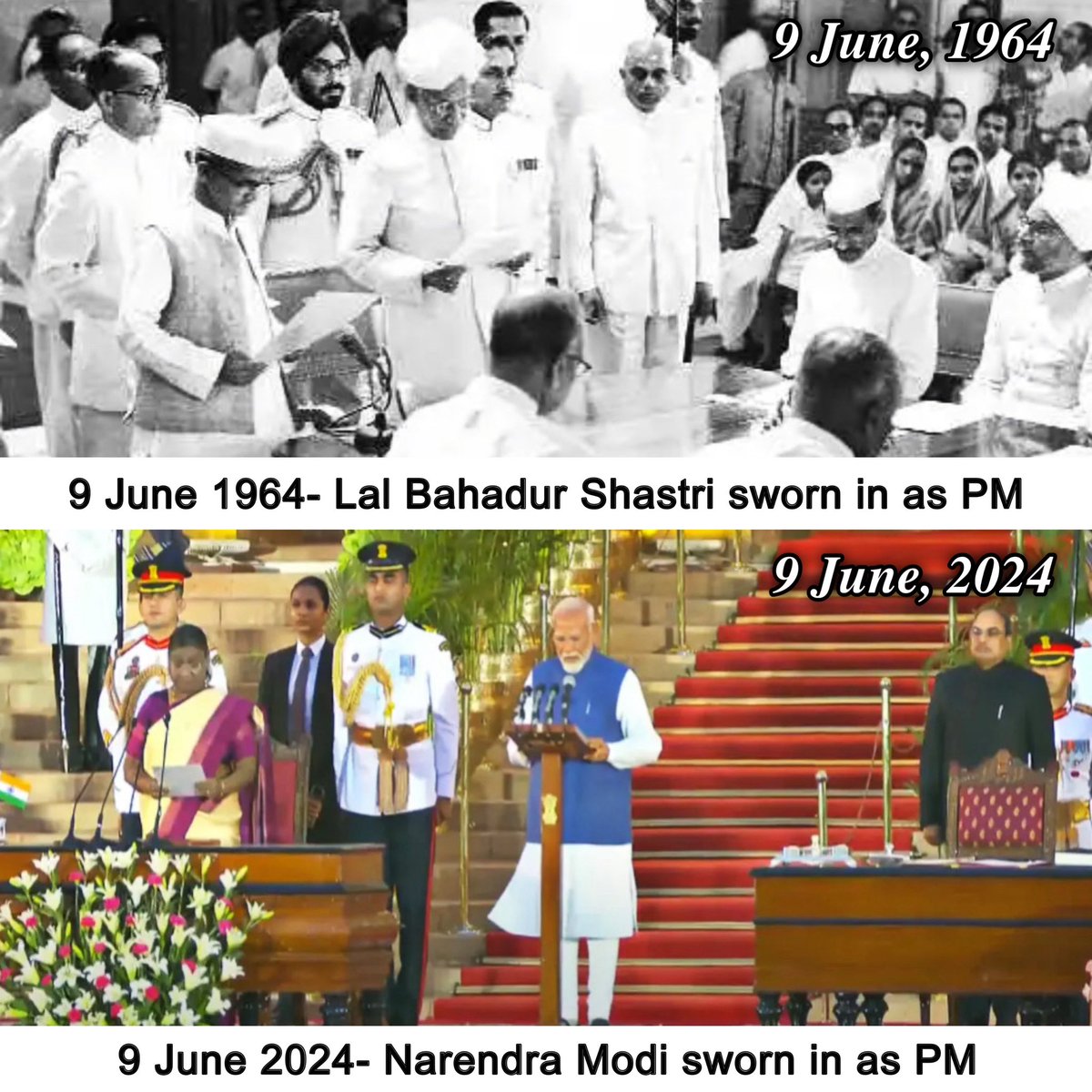 #LalBahadurShastri took oath on 9 June, 1964. Today, on 9 June, 2024, #NarendraModi takes the oath. A historic day connecting the past and the present, marking a legacy of leadership and service to the nation. 🇮🇳
#JaiJawanJaiKisan #JaiHind