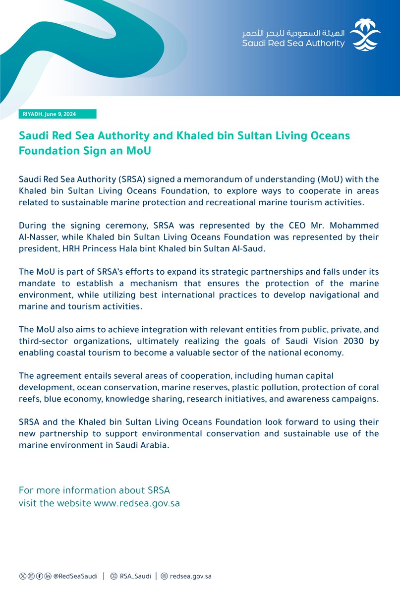 RedSeaSaudi's tweet photo. #PressRelease  📃| #SaudiRedSeaAuthority signs an MoU with Khaled bin Sultan Living Oceans Foundation https://t.co/jAZuDZRf5K