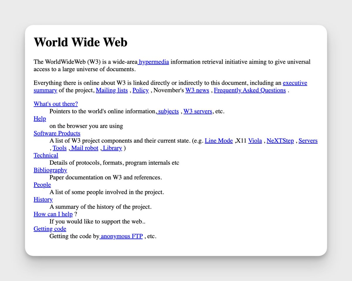 fermatslibrary's tweet photo. The first website was created by Tim Berners-Lee created in 1991. It was hosted on Berners-Lee's NeXT computer at CERN and was dedicated to information about the World Wide Web. 

It is still accessible today (snapshot from Nov 1992): https://t.co/OOmnpgo9n0 https://t.co/QWjh3DfBKG