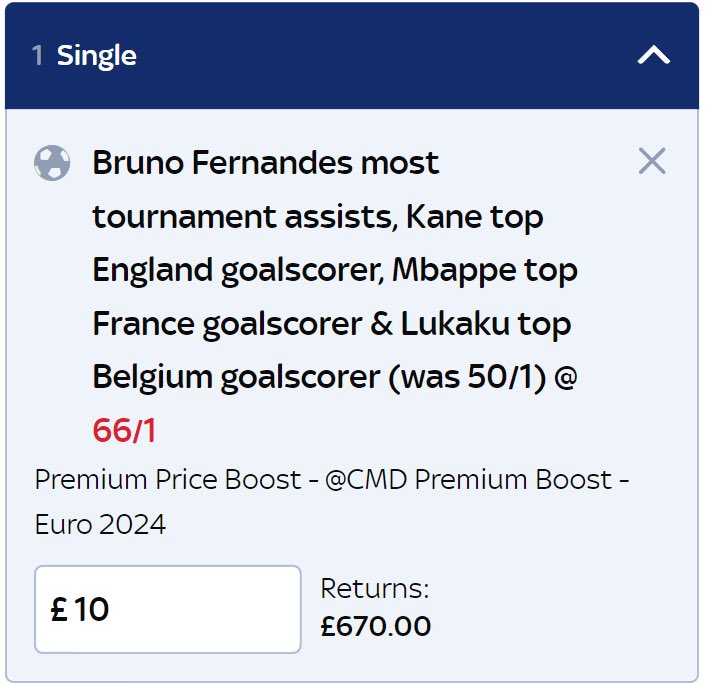 ValueBetSpotter's tweet photo. 😍 HERE WE GOOOOOO…

🚀 Massive 66/1 Euro 2024 Value!

Add it straight to your betslip, here 👇
https://t.co/E07m3Tj8RV

🤯 This is arguably the maddest price we’ve seen all year, and here’s why:

✅ Bruno Fernandes was comfortably the highest assister in the whole of Euro 2024 qualifying, finishing on 7 assists - his nearest competitor had just 5 assists. Portugal have a VERY winnable #Euro2024 group (Czech Republic, Turkey & Georgia) - expect Bruno to rack up the assists. Bruno also had the joint most assists at the 2022 World Cup despite Portugal only playing 5 games. 

✅ Harry Kane was England’s top scorer in qualifying by far, scoring 8 goals. Only Saka got anywhere near him, scoring 4. Kane comes into the tournament as Bundesliga Golden Boot winner.

✅ Kylian Mbappe was easily France’s top scorer in qualifying, scoring 9. France’s next top scorer in qualifying was Giroud, who could only manage 3 goals. Mbappe comes into the tournament as Ligue 1 golden boot winner.

✅ Romelu Lukaku scored an incredible 14 goals in qualifying, the most of anyone in the competition. His next closest top scorer for Belgium was Trossard, he scored just 2 goals. Lukaku will also take penalties for Belgium.

This bet should only be around 20/1, the fact it’s 66/1 is unbelievable value. 

Add it to your betslip before the odds drop, here 👇
https://t.co/E07m3Tj8RV

🔞 | ad, keep it fun lads & as always https://t.co/4QEU0Xwryy 👊