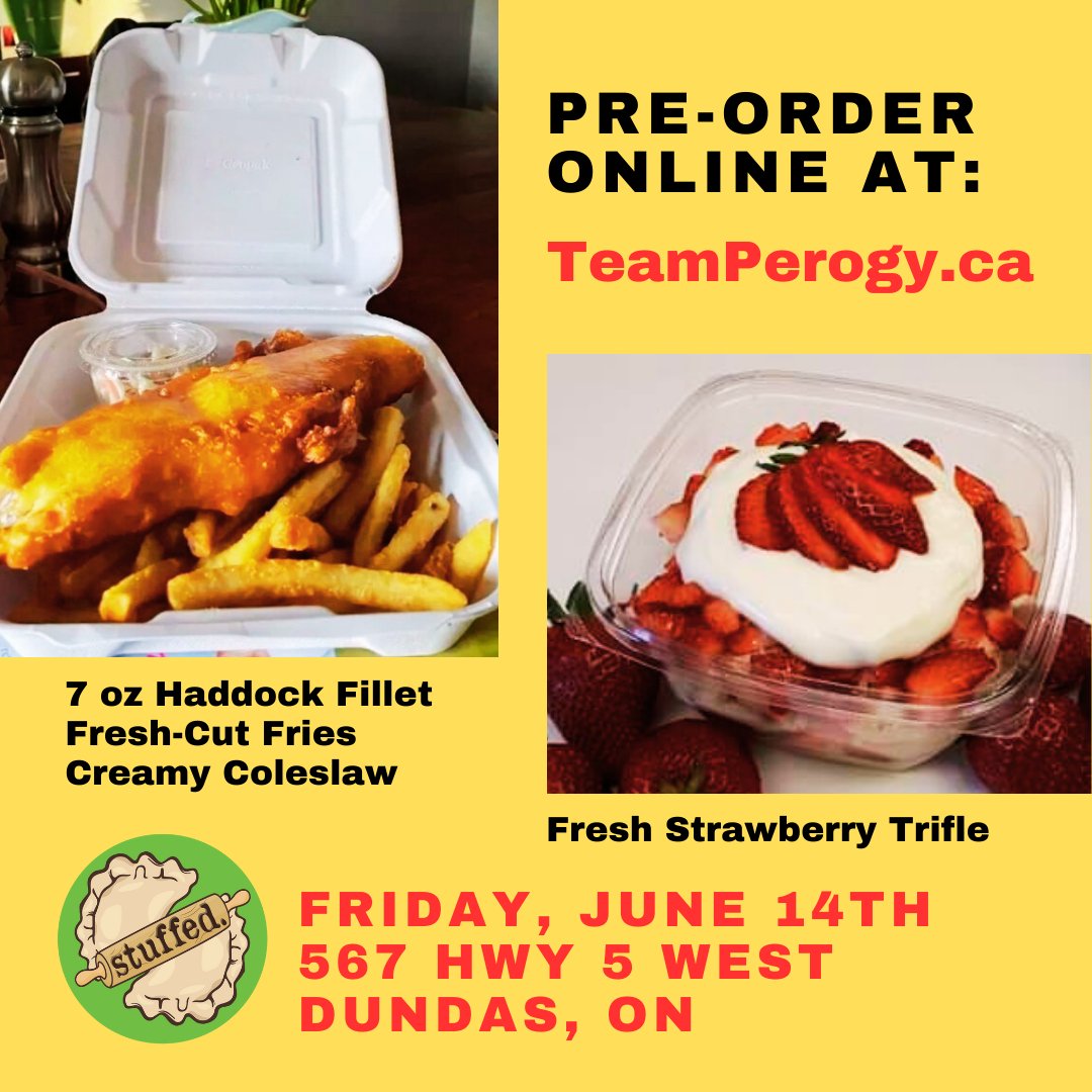 TeamPerogy's tweet image. Fish &amp;amp; Chips Friday June 14th
11:30 am to 6:30 pm
stuffed. Food Truck
567 Hwy 5 West, Dundas (in Greensville)

Pre-Order Online for discounted pricing and to reserve a convenient Pick-up Time.  Walk-ins also welcome!

teamperogy.ca