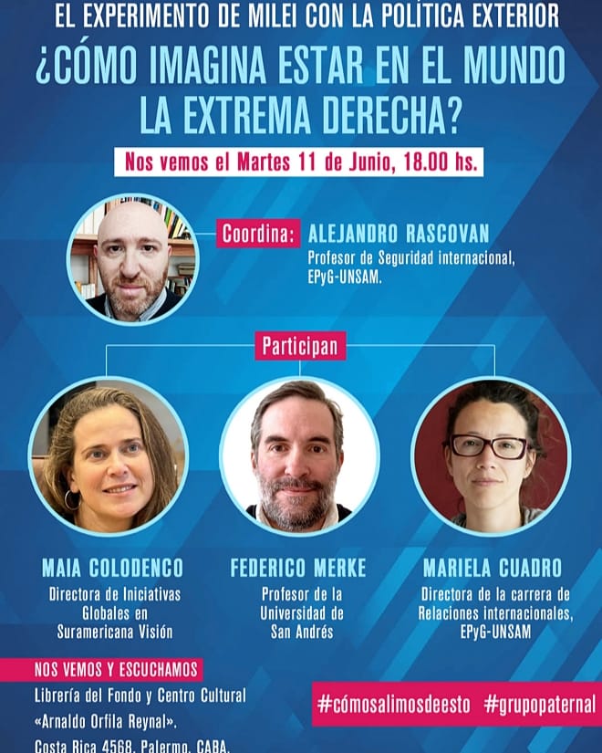 Agenden el Martes 11, 18hs.!!! Conversatorio sobre el experimento de #Milei en #PoliticaExterIor 
En la librería @FCEArgentina 
Con Alejandro Rascovan <a href="/DrPiloto83/">Dr. Piloto</a>, Maia Colodenco,  Federico Merke y <a href="/marielacuadro/">Mariela Cuadro</a> 
Inscripción: docs.google.com/forms/d/e/1FAI…