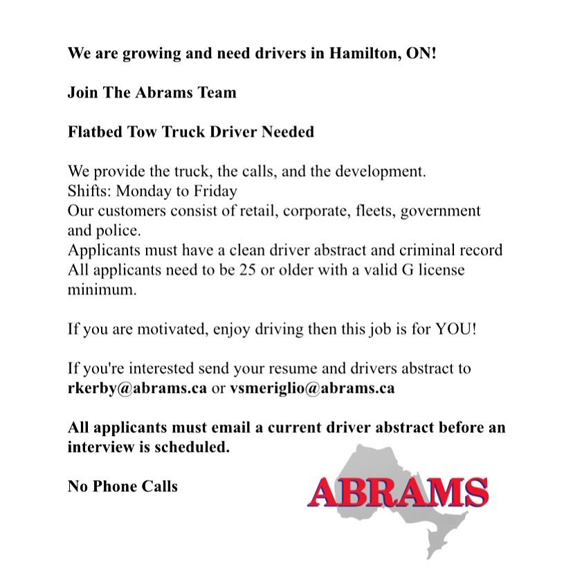 Abramstowing's tweet photo. We are now HIRING for multiple positions all over the GTA!!! https://t.co/4itK7zaAdd