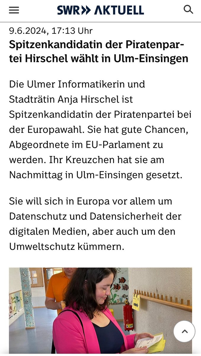 WelzheimerPirat's tweet photo. Die @AnjaHirschel der @Piratenpartei taucht im @SWRAktuellBW Live Ticker auf! Viel Erfolg 🧡 Meine Stimme hast du! Der Live Ticker: https://t.co/3pLqVqaPtW #Piraten #Europawahl #Digitales @n3ll41 @echo_pbreyer https://t.co/ypB7zXMaUW
