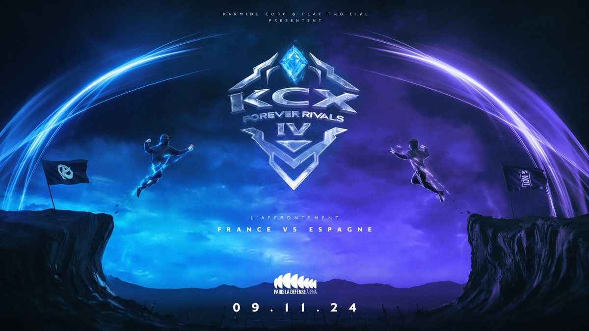 KCX4 - FOREVER RIVALS.
🇫🇷 <a href="/KarmineCorp/">Karmine Corp</a> 🆚 <a href="/MovistarKOI/">Movistar KOI</a> 🇪🇸

Prenez vos billets : bit.ly/KCX4-FOREVER-R…

📅 Samedi 9 Novembre 2024
📍 Paris La Défense Arena
🎮 League of Legends, Valorant et Rocket League

30 000 places, 6 heures de show, 2 pays mais 1 seul gagnant. #KCORP