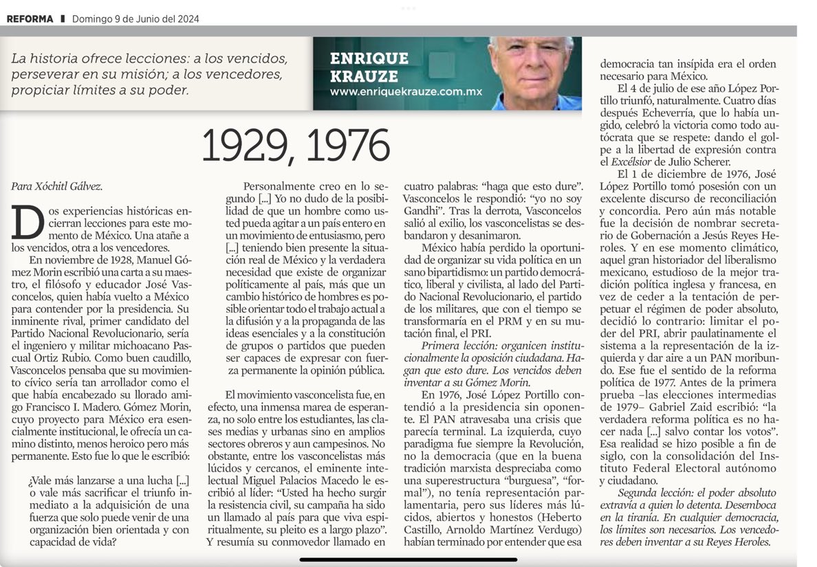 Un ciclo llega a su fin. Que los vencedores recuerden a Reyes Heroles y limiten su propio poder. Que los vencidos recuerden a Gomez Morin y perseveren en su misión.