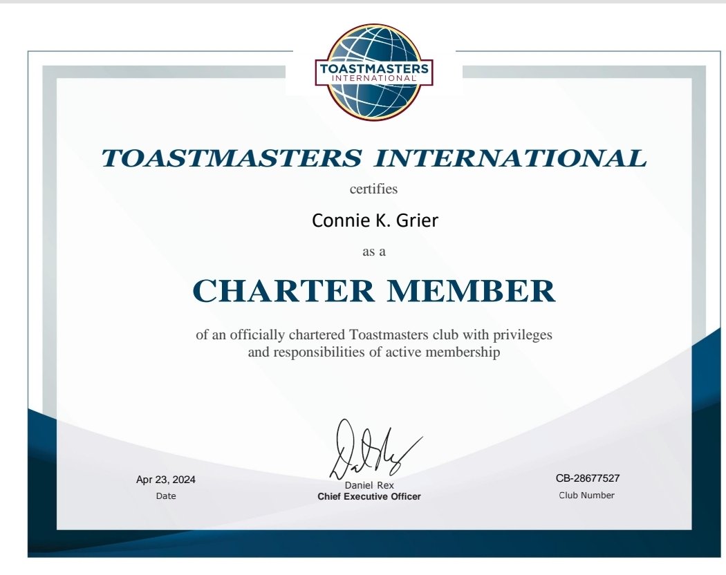Growing in ways that will be beneficial to both the communities I serve and the servant leader I am. 
I have wanted to participate for years. Never dreamed I would become a Charter ( Founding) Member of a club!
Raise your glasses, fam...I'm a #Toastmaster!
#JusticeAlways