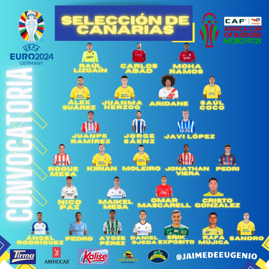 ¿Cómo sería una selección canaria de fútbol en esta Eurocopa o en la Copa África? 🇮🇨⚽️
 
Después de muchas horas de análisis y con la ayuda de varios periodistas y analistas, he acabado de diseñar la lista de los 26 convocados en una hipotética selección canaria.
 
Empiezo hilo🧶