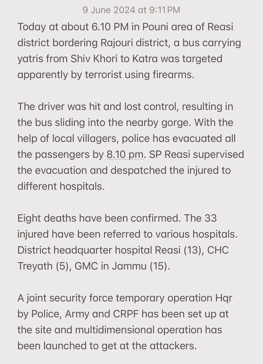 ShivAroor's tweet photo. Official statement from J&amp;K Police on the terror attack today in Reasi, J&amp;K. Search ops on for the terrorists. (Via @sunilJbhat) https://t.co/VNX0gSPnT2