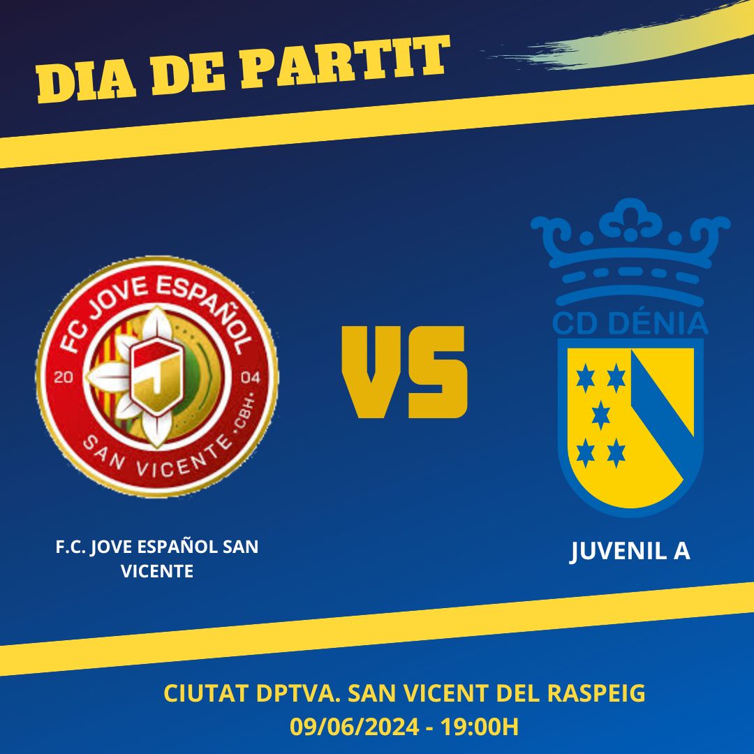 cddenia's tweet photo. 🏆 P. Ascens Lliga Nacional J2️⃣
📆 Hui Diumenge 9 de juny 
🕔 19:00 hh
⚽ @jovesanvicente 🆚 Juv 🅰️ 
📍Ciutat Deportiva 
🎵 #AMUNTDÉNIA #Dénia #PALN #FFCV #DIEGOMENACUESTA 
PATROCINA: 
🛳🛳 @Balearia 🛳🛳
https://t.co/0zbx7Ae3sO https://t.co/h4lrClsVJT