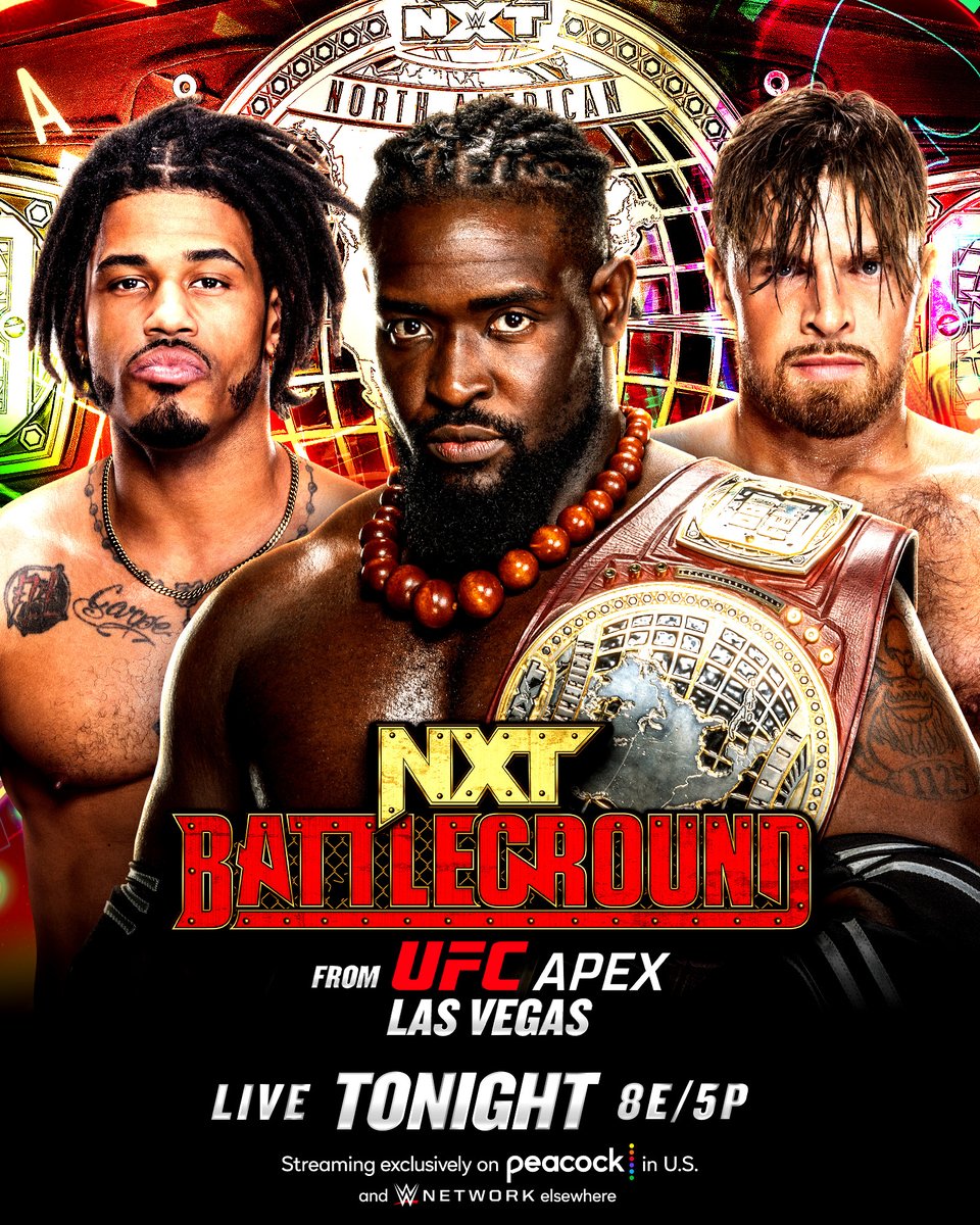 WWENXT's tweet image. .@Obaofwwe defends the #WWENXT North American Title against @WesLee_WWE and @Joe_Coffey TONIGHT at #NXTBattleground!

8PM ET/5PM PT
Streaming exclusively on @peacock in the U.S. and @WWENetwork everywhere else.

🦚 pck.tv/3bqfYSq
🌍 WWENetwork.com