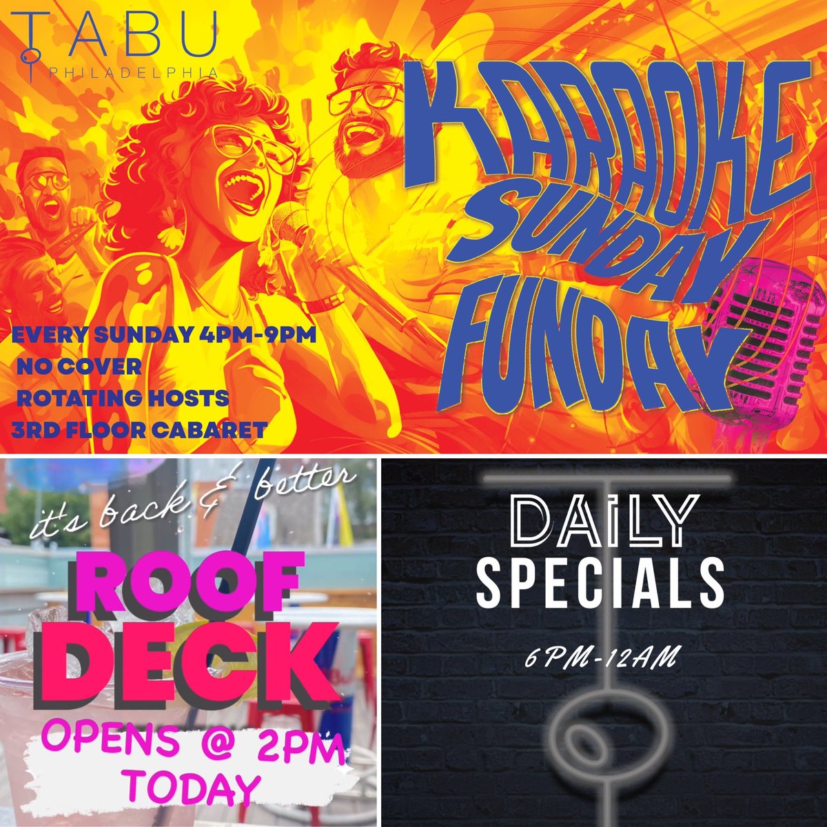 254south12th's tweet photo. It’s SundayFunday! We open @ 2PM! NO COVER & FREE POOL! Roof Deck is Open! Specials All Day w/ $4 Coors Light Drafts & Miller Lite Bottles + $7 Stoli Cocktails! Karaoke w/ #lamiaqueen 4PM-9PM! #sundayfunday #tabuphilly #sportsbar #phillynightlife #karaoke #roofdeck https://t.co/1X3VqatZVe