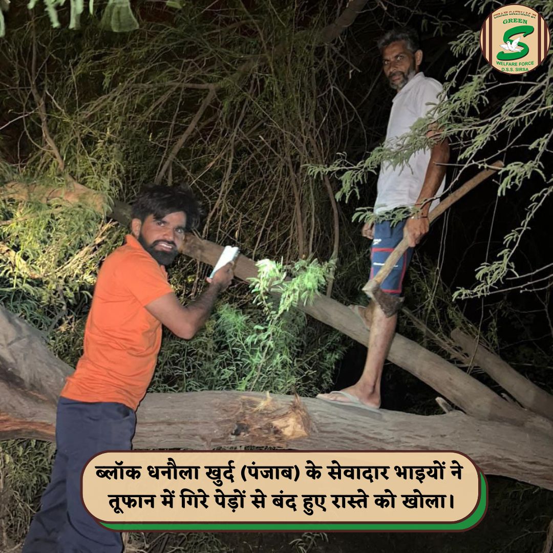 GreenSwelfares's tweet photo. In a remarkable act of selflessness, Shah Satnam Ji Green ’S’ Welfare Force Wing volunteers cleared a road blocked by fallen trees due to the storm. With the grace and guidance of Revered Saint Dr. MSG, they worked tirelessly to remove the debris, ensuring the safety and passage of all travelers. Their dedication and collective efforts made a significant impact. We salute their passion to extend help in any dire circumstance. #SelflessService #PassageClearance #RoadSafety #DeraSachaSauda