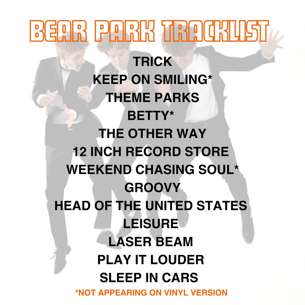 bearparkmusic's tweet photo. TRACKLIST REVEEAALL. Here’s the 13 songs that make up our album, served up hot. The three starred ones won’t be appearing on the vinyl with it being a medium that can only hold a certain amount of songs, but you’ll be able to stream them to your hearts content on all platforms https://t.co/nlEPtVkrNw