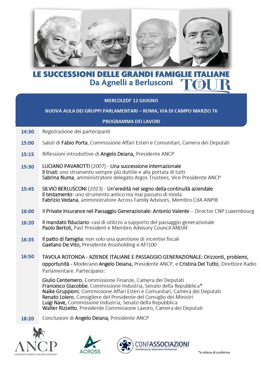 AngeloDeianaTW's tweet photo. ANCP IN PARLAMENTO! Il #12giugno sarò alla grande #iniziativa "LE SUCCESSIONI DELLE GRANDI FAMIGLIE ITALIANE" alla Camera dei deputati con #parterre #straordinario di #relatori. Per iscriversi: https://t.co/IDIkcxi423
#ancp #noisiamoancp #consulenzapatrimoniale #Confassociazioni https://t.co/sB8DjFEZw7
