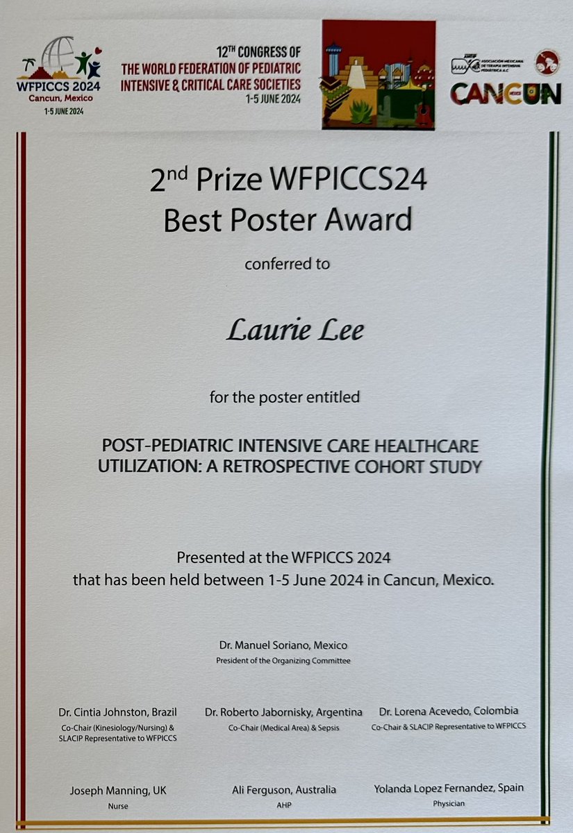 Laurie A. Lee (@lauriepicunp) on Twitter photo So proud and humbled to have received 2nd prize for best poster and 1st Prize for nursing science for our work on Post PICU Healthcare Utilization and Socioeconomic Deprivation and PICU at #WFPICCS24 <a href="/UofCr4kids/">ACHRI</a> @kmfiest @StelfoxTom <a href="/ucalgarynursing/">UCalgary Nursing</a> <a href="/UCalgaryPeds/">Department of Pediatrics</a> So proud and humbled to have received 2nd prize for best poster and 1st Prize for nursing science for our work on Post PICU Healthcare Utilization and Socioeconomic Deprivation and PICU at #WFPICCS24 <a href="/UofCr4kids/">ACHRI</a> @kmfiest @StelfoxTom <a href="/ucalgarynursing/">UCalgary Nursing</a> <a href="/UCalgaryPeds/">Department of Pediatrics</a>