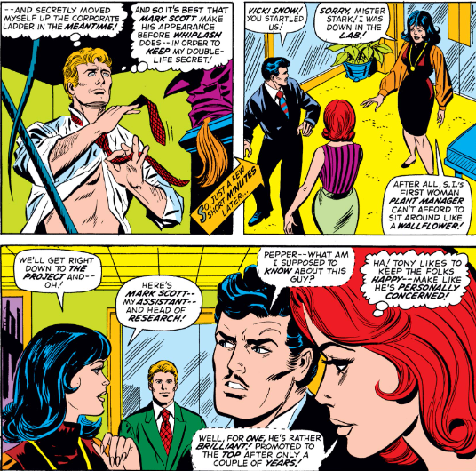 MarvelADay's tweet photo. #MarvelADay #IM62 #IronMan62 Tony continues his USA tour by visiting Stark Industries in lovely Cincinnati. Little does he suspect that the head of research, engaged to manager Vicki Snow, is his antagonist this issue. - crs https://t.co/M7e1pI0O1Z