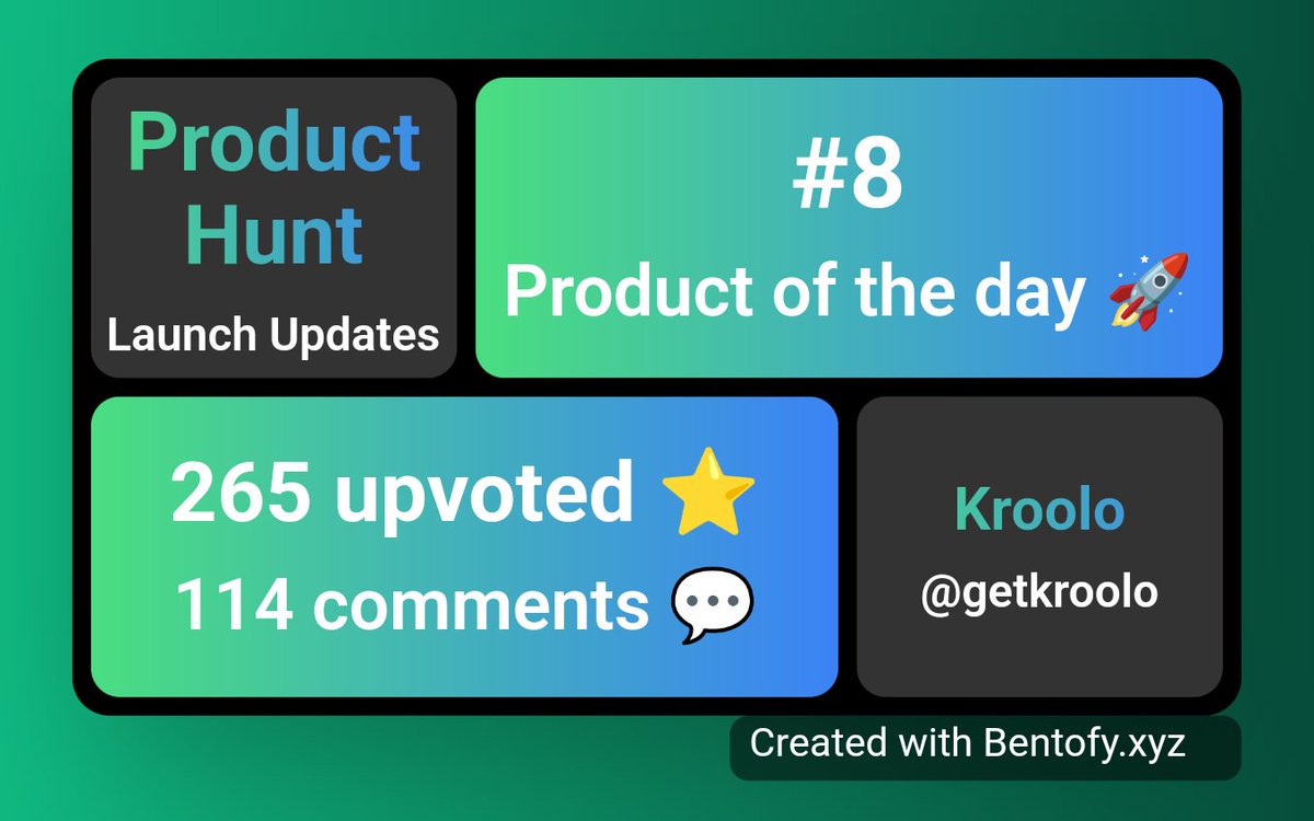 getbentofy's tweet photo. @getkroolo Awesome launch. Big Congrats! https://t.co/PPZl09oJIn
