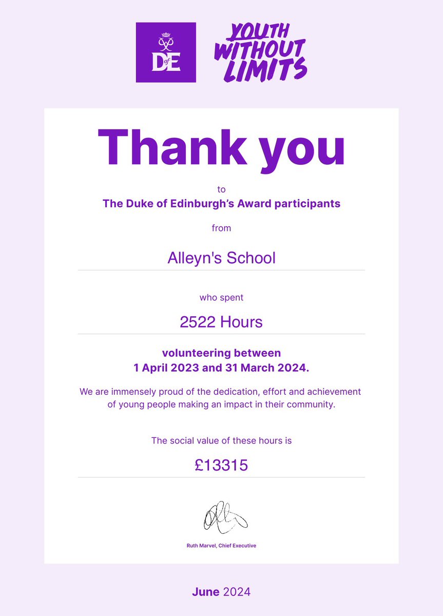 Alleyns_DofE's tweet photo. AMAZING work #AlleynsDofE clocking up 2522 hours of volunteering in the local
Community. The social value of these hours is worth £13,315.00 what a fantastic help this has been @AlleynsSchool @_JaneLunnon #AlleynsCommunity @DofE https://t.co/nsvct2DTMZ
