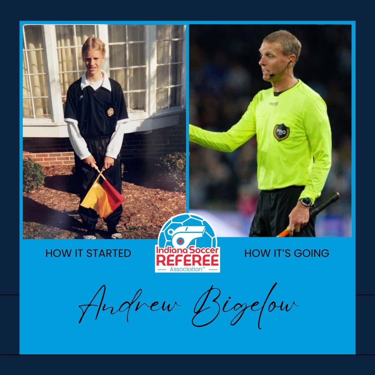insoccerref's tweet photo. #TransformationTuesday #INsoccerRef 
Andrew has been refereeing for 27 years &amp; is a PRO assistant referee. He made his MLS debut in 2014 &amp; has officiated nearly 200 matches! Bigelow is also ISRA's Course Logistics Coordinator. We are excited to continue watching his success! https://t.co/iPez9hYSIE